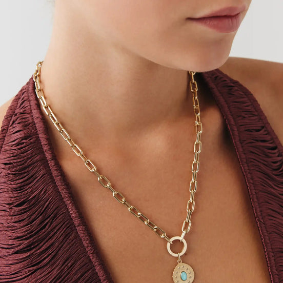 Oval Mavi Taşlı Asimetrik Madalyon Charm Kolye