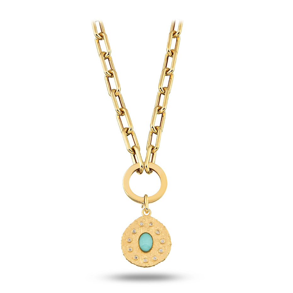 Oval Mavi Taşlı Asimetrik Madalyon Charm Kolye