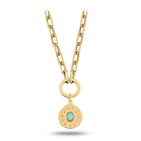 Oval Mavi Taşlı Asimetrik Madalyon Charm Kolye