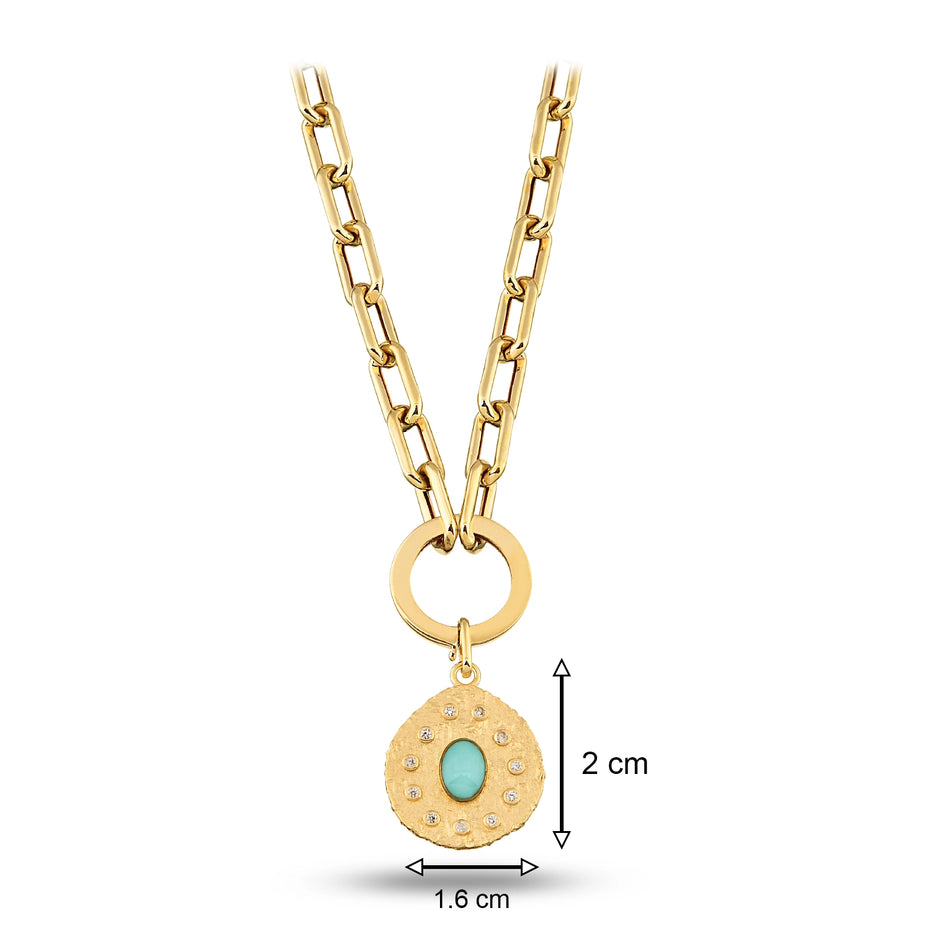 Oval Mavi Taşlı Asimetrik Madalyon Charm Kolye