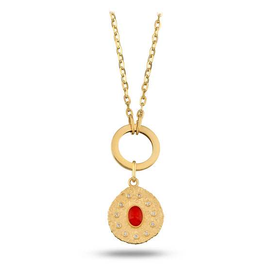 Oval Kırmızı Taşlı Asimetrik Madalyon Charm Kolye