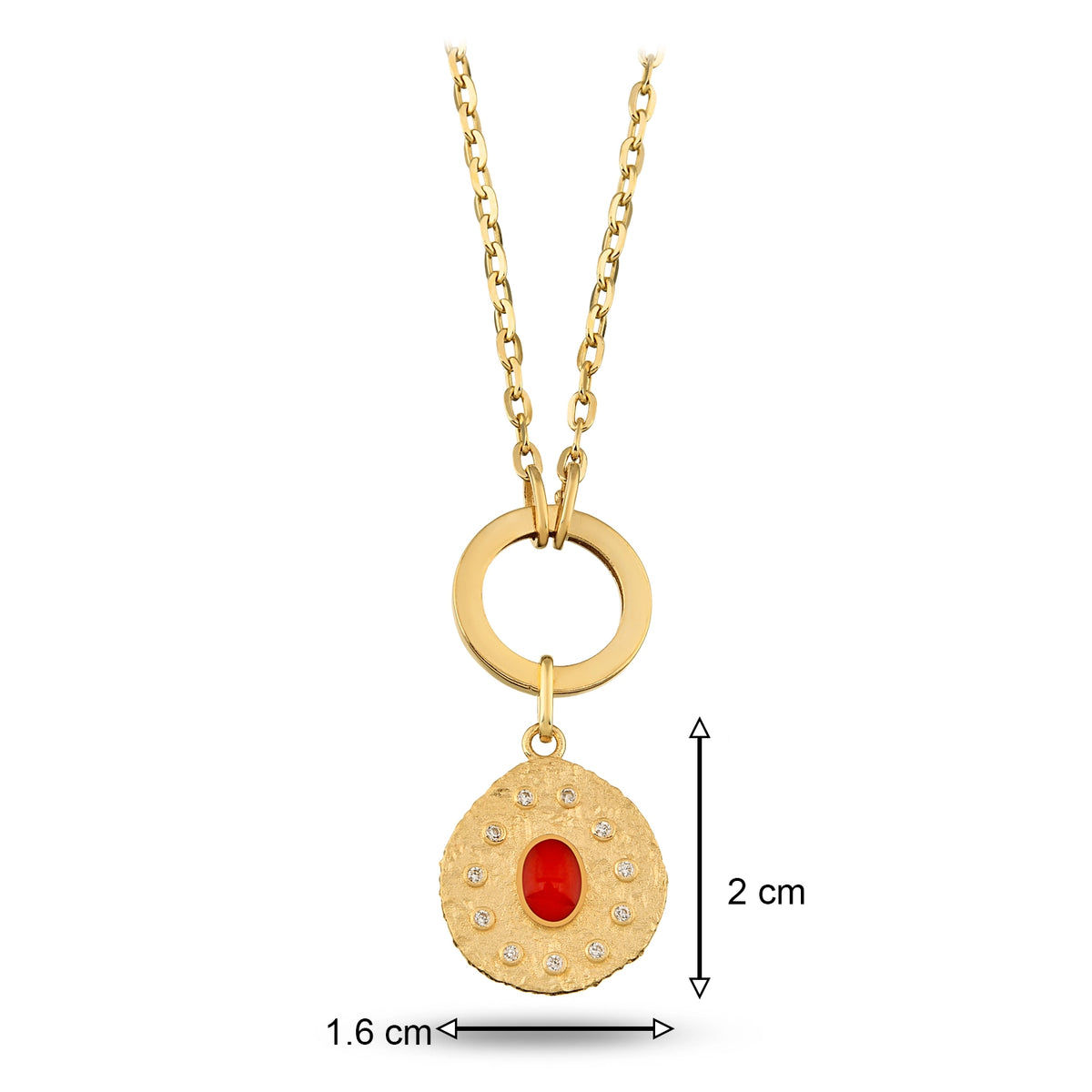 Oval Kırmızı Taşlı Asimetrik Madalyon Charm Kolye