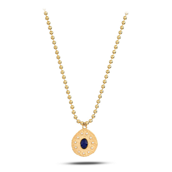 Lacivert Oval Taşlı Madalyon Kolye