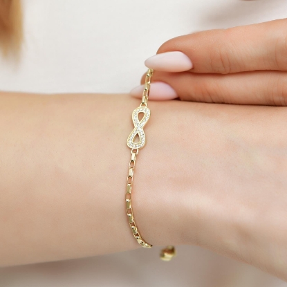 14 Ayar Altın Taşlı Sonsuzluk Bileklik, 2,58 gram ve özenli işçilikle Altın Sonsuzluk Bileklik’in günlük ve özel kullanıma uygun bir Goldium modelidir.