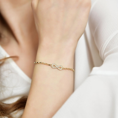 14 Ayar Altın Taşlı Sonsuzluk Bileklik, 2,58 gram ve özenli işçilikle Altın Sonsuzluk Bileklik’in günlük ve özel kullanıma uygun bir Goldium modelidir.