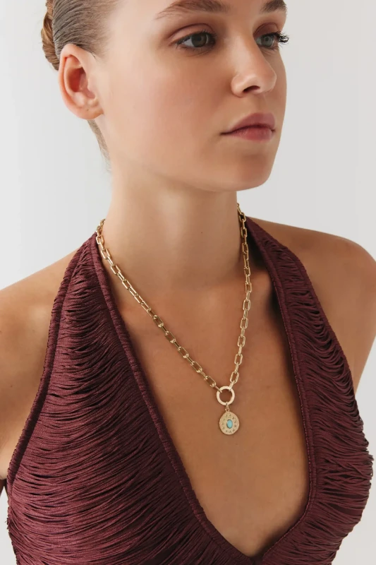 Oval Mavi Taşlı Asimetrik Madalyon Charm Kolye resmi