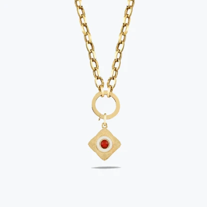Yuvarlak Kırmızı Taşlı Etnik Madalyon Charm Kolye resmi