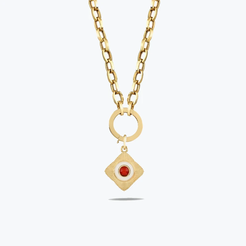 Yuvarlak Kırmızı Taşlı Etnik Madalyon Charm Kolye resmi