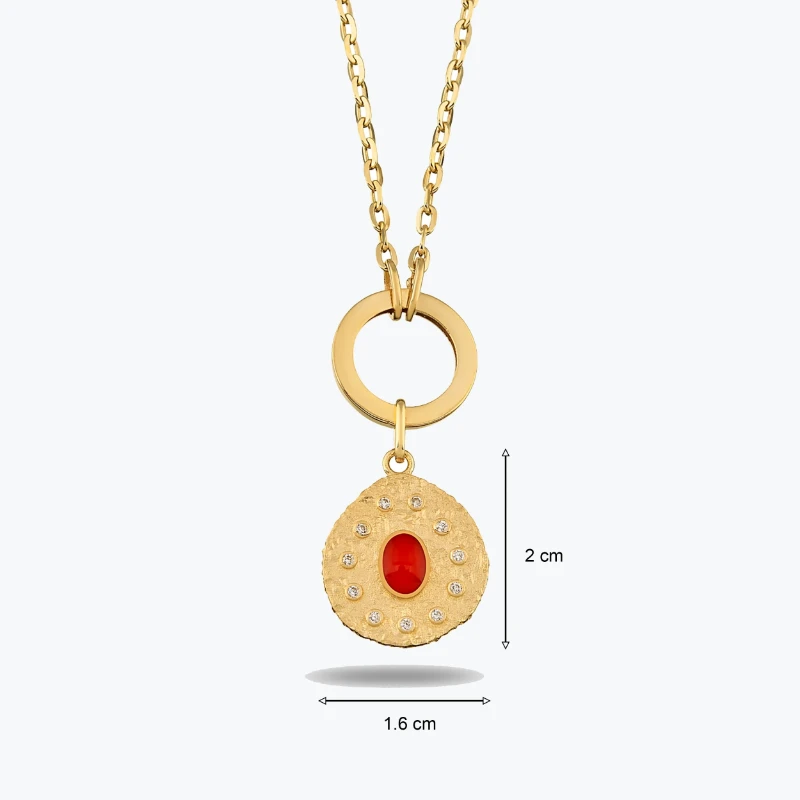 Oval Kırmızı Taşlı Asimetrik Madalyon Charm Kolye resmi