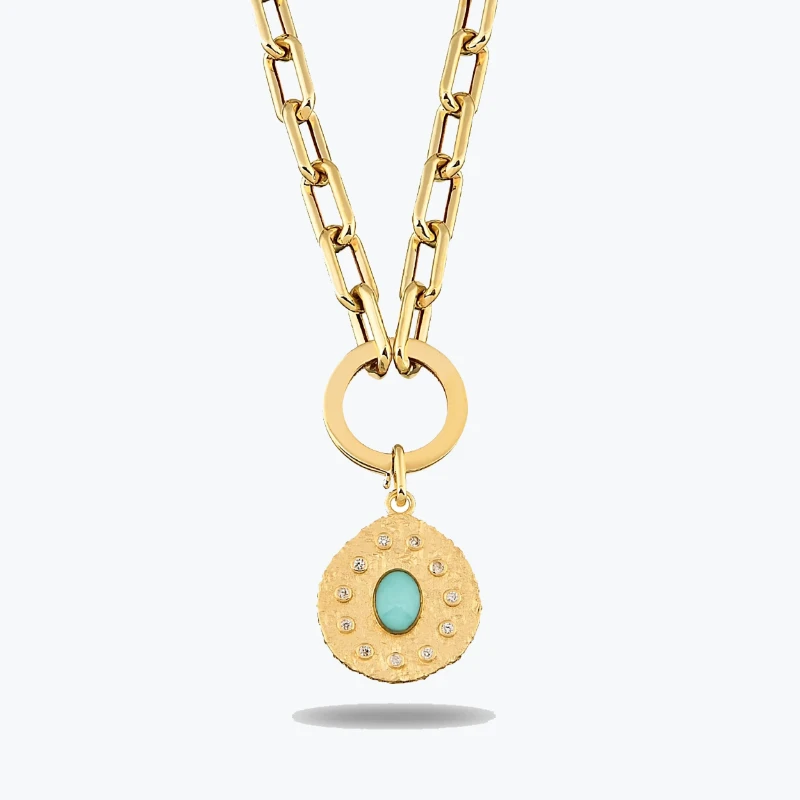Oval Mavi Taşlı Asimetrik Madalyon Charm Kolye resmi
