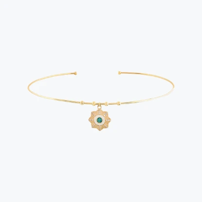 Yuvarlak Firuze Taşlı Çiçek Madalyon Uçlu Tel Choker resmi