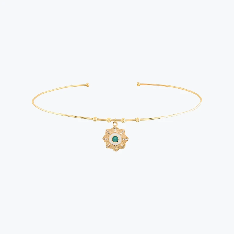 Yuvarlak Firuze Taşlı Çiçek Madalyon Uçlu Tel Choker resmi