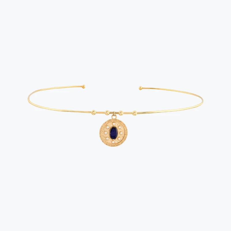 Oval Lacivert Taşlı Madalyon Uç Tel Choker resmi