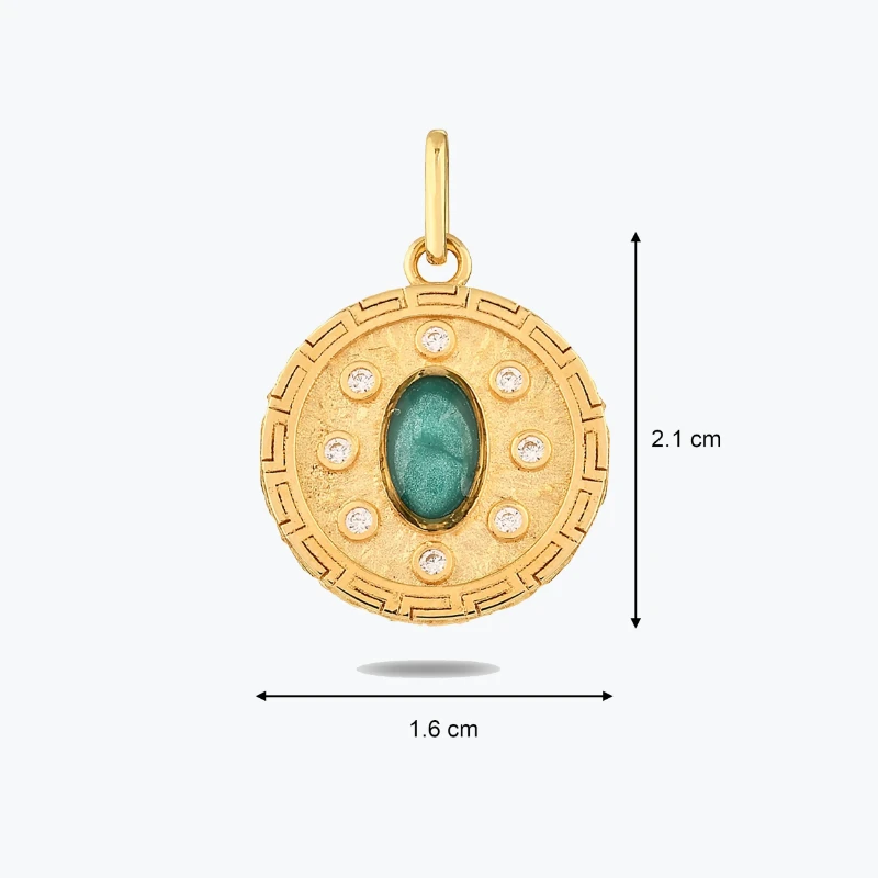 Yeşil Taşlı Madalyon Kolye Charm resmi