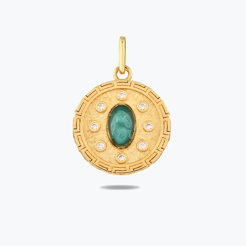 Yeşil Taşlı Madalyon Kolye Charm resmi
