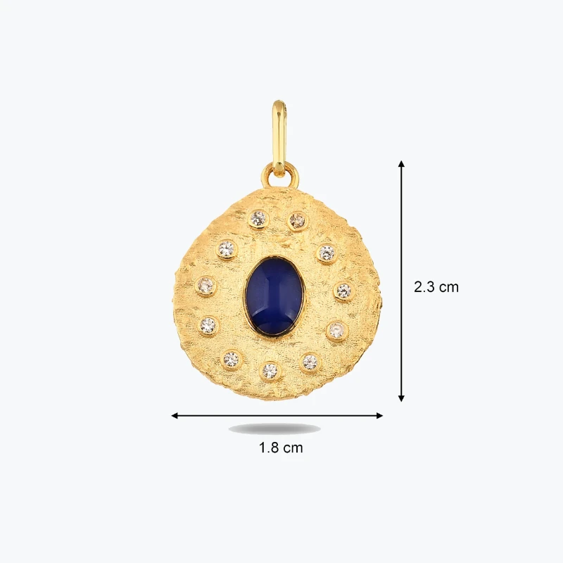 Lacivert Taşlı Asimetrik Madalyon Kolye Charm resmi