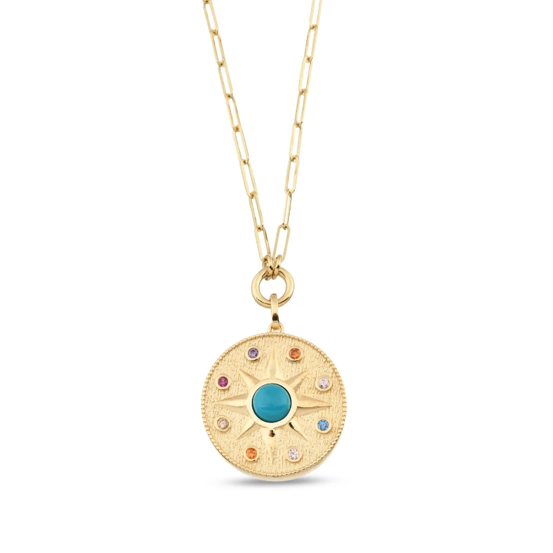 Altın Vintage Blue Sun Ataç Kolye resmi